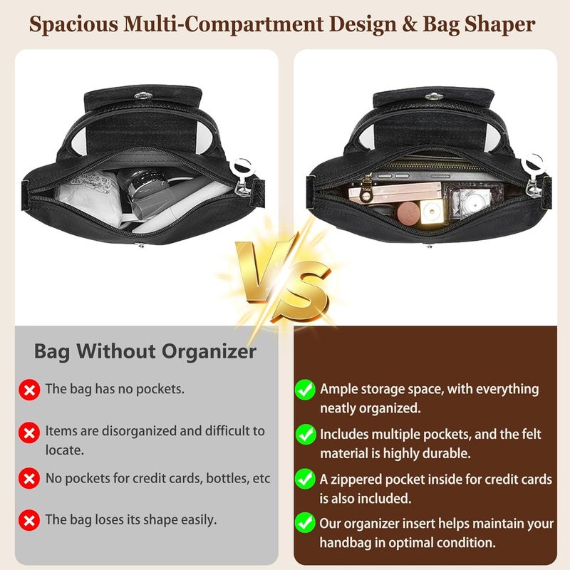 Doxo Purse Organizer Insert for Longchamp Le Pliage XS, Premium Felt Tote Bag Organizer with 7 Compartments and Zippered Pocket (Black, Mini) - Image 5